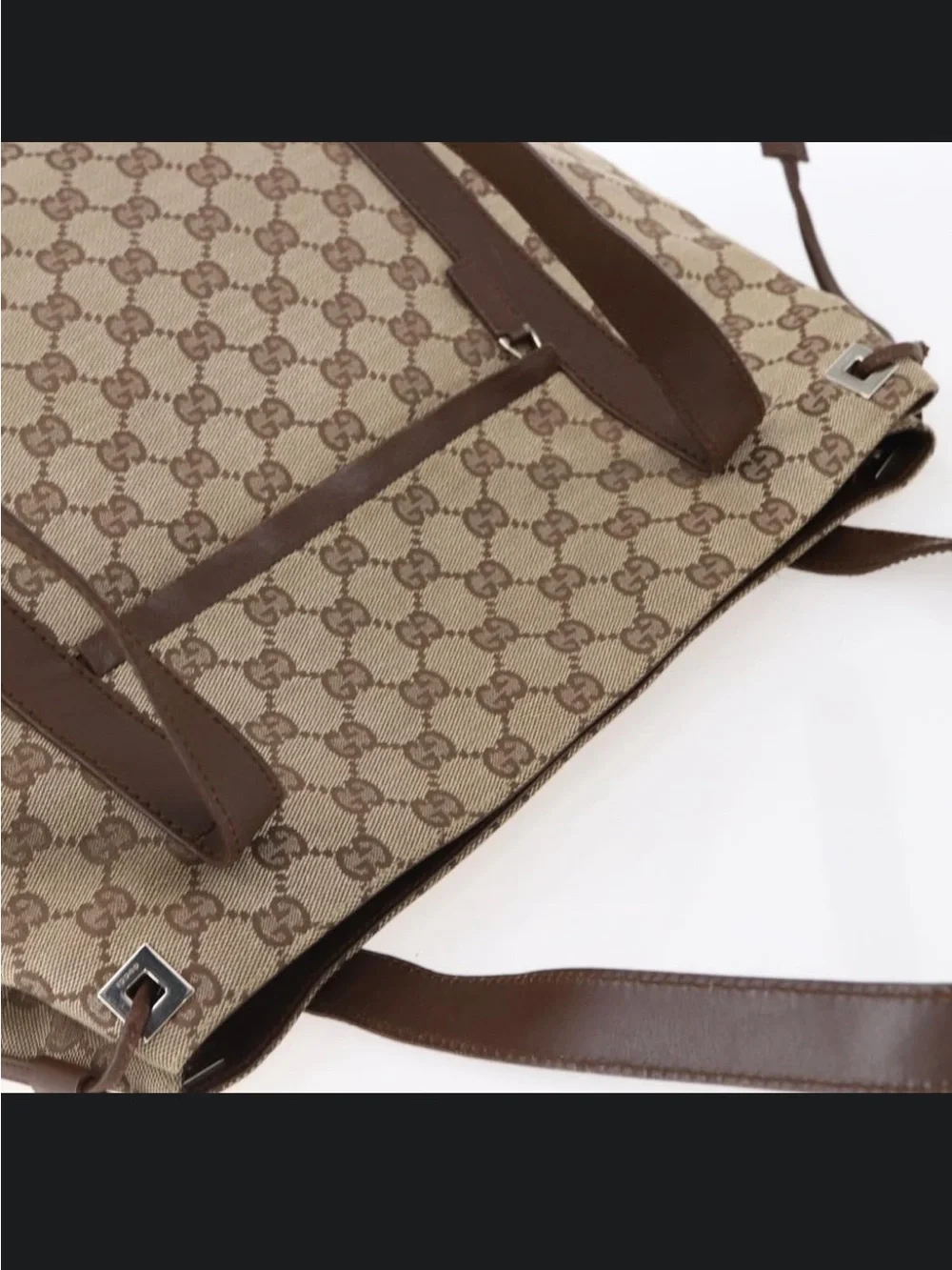 Gucci GG Canvas 019 0493 Beige Brown Leather Shoulder Tote Bag Authentic